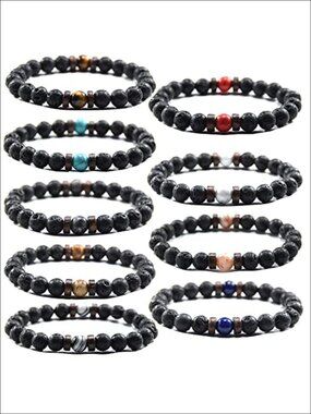 9pc Men Women Beaded Bracelet Set Lava Stone 8mm Stretch